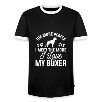 Je mehr Menschen ich treffe, desto mehr liebe ich meinen Boxer - Männer Kontrast-T-Shirt - Schwarz/Weiß - Vorne - AI Model Female 172 light (172cm) & AI Model Male 178 light (178cm)