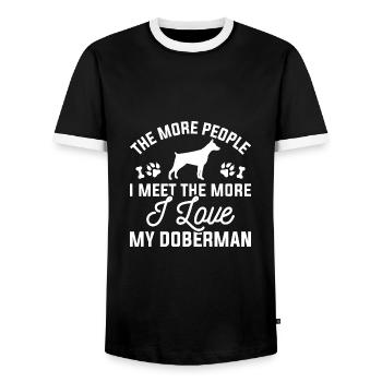 Je mehr Menschen ich treffe, desto mehr liebe ich meinen Dobermann - Männer Kontrast-T-Shirt - Schwarz/Weiß - Vorne - AI Model Female 172 light (172cm) & AI Model Male 178 light (178cm)