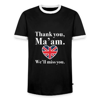 Thank You Ma’am We’ll Miss You - Men's Ringer Shirt - black/white - Front - AI Model Female 172 light (172cm) & AI Model Male 178 light (178cm)