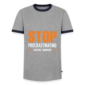 Arrêtez de procrastiner à partir de demain - T-shirt contrasté Homme - gris/marine  - Devant - AI Model Female 172 light (172cm) & AI Model Male 178 light (178cm)