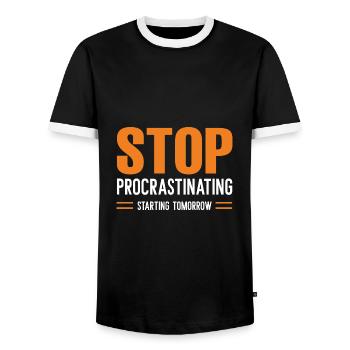 Stop Procrastinating Starting Tomorrow - Men's Ringer Shirt - black/white - Front - AI Model Female 172 light (172cm) & AI Model Male 178 light (178cm)