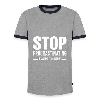 Arrêtez de procrastiner à partir de demain - T-shirt contrasté Homme - gris/marine  - Devant - AI Model Female 172 light (172cm) & AI Model Male 178 light (178cm)