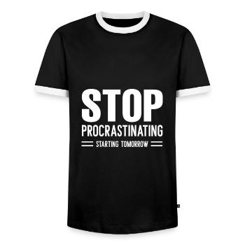 Stop Procrastinating Starting Tomorrow - Men's Ringer Shirt - black/white - Front - AI Model Female 172 light (172cm) & AI Model Male 178 light (178cm)