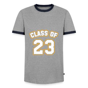 Class Of 23 - Men's Ringer Shirt - grey/navy  - Front - AI Model Female 172 light (172cm) & AI Model Male 178 light (178cm)