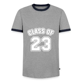 Class Of 23 - Men's Ringer Shirt - grey/navy  - Front - AI Model Female 172 light (172cm) & AI Model Male 178 light (178cm)