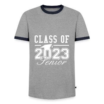 Class Of 2023 Senior - Men's Ringer Shirt - grey/navy  - Front - AI Model Female 172 light (172cm) & AI Model Male 178 light (178cm)