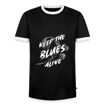 The blues is alive Keep the Blues alive - Men's Ringer Shirt - black/white - Front - AI Model Female 172 light (172cm) & AI Model Male 178 light (178cm)