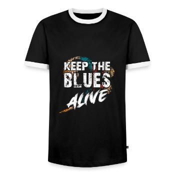 The blues is alive Keep the Blues alive - Men's Ringer Shirt - black/white - Front - AI Model Female 172 light (172cm) & AI Model Male 178 light (178cm)