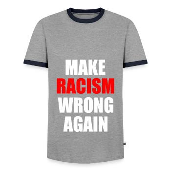 make racism wrong again - Men's Ringer Shirt - grey/navy  - Front - AI Model Female 172 light (172cm) & AI Model Male 178 light (178cm)