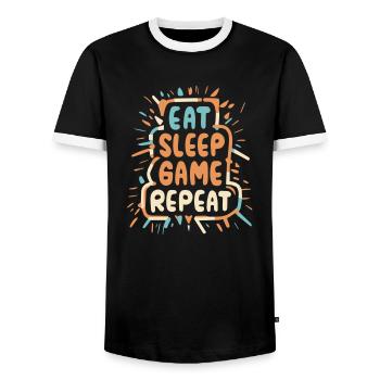 'Eat Sleep Game Repeat' Gift, Gamer's Life - Men's Ringer Shirt - black/white - Front - AI Model Female 172 light (172cm) & AI Model Male 178 light (178cm)