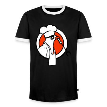 Bird grilling sausage grilling delicious eating sausages - Men's Ringer Shirt - black/white - Front - AI Model Female 172 light (172cm) & AI Model Male 178 light (178cm)