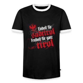 Einheit für Südtirol · Freiheit für ganz Tirol - Männer Kontrast-T-Shirt - Schwarz/Weiß - Vorne - AI Model Female 172 light (172cm) & AI Model Male 178 light (178cm)