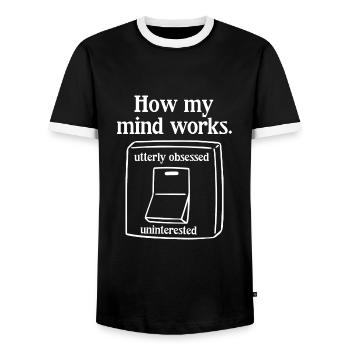 How My Mind Works - Men's Ringer Shirt - black/white - Front - AI Model Female 172 light (172cm) & AI Model Male 178 light (178cm)