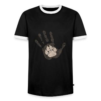 Dog paw in hand - Men's Ringer Shirt - black/white - Front - AI Model Female 172 light (172cm) & AI Model Male 178 light (178cm)