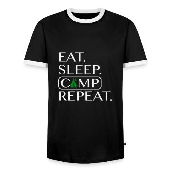 EAT SLEEP CAMP REPEAT - Männer Kontrast-T-Shirt - Schwarz/Weiß - Vorne - AI Model Female 172 light (172cm) & AI Model Male 178 light (178cm)