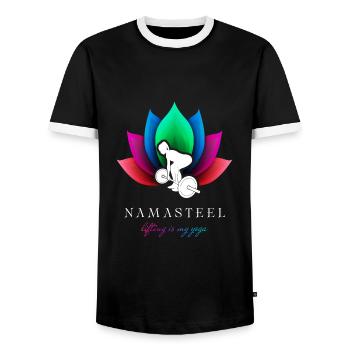 NAMASTEEL: Lifting is my Yoga! - Männer Kontrast-T-Shirt - Schwarz/Weiß - Vorne - AI Model Female 172 light (172cm) & AI Model Male 178 light (178cm)