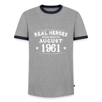 Real Heroes were born in August 1961 Birthday - Men's Ringer Shirt - grey/navy  - Front - AI Model Female 172 light (172cm) & AI Model Male 178 light (178cm)