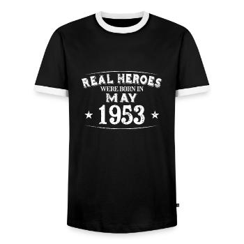 Real Heroes were born in May 1953 Birthday - Men's Ringer Shirt - black/white - Front - AI Model Female 172 light (172cm) & AI Model Male 178 light (178cm)