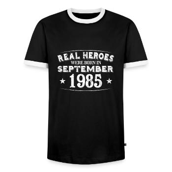 Real Heroes were born in September 1985 Birthday - Men's Ringer Shirt - black/white - Front - AI Model Female 172 light (172cm) & AI Model Male 178 light (178cm)