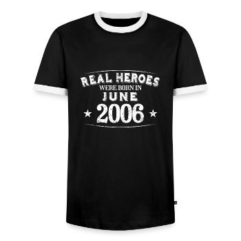 Real Heroes were born in June 2006 Birthday - Men's Ringer Shirt - black/white - Front - AI Model Female 172 light (172cm) & AI Model Male 178 light (178cm)