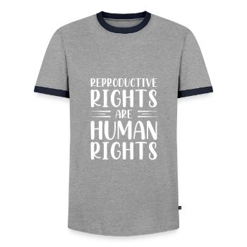 Reproductive Rights Are Human Rights - Men's Ringer Shirt - grey/navy  - Front - AI Model Female 172 light (172cm) & AI Model Male 178 light (178cm)