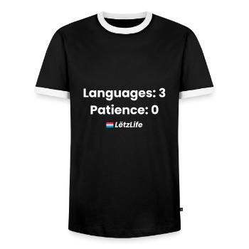 Languages: 3, Patience: 0 – Multilingual humor - Men's Ringer Shirt - black/white - Front - AI Model Female 172 light (172cm) & AI Model Male 178 light (178cm)