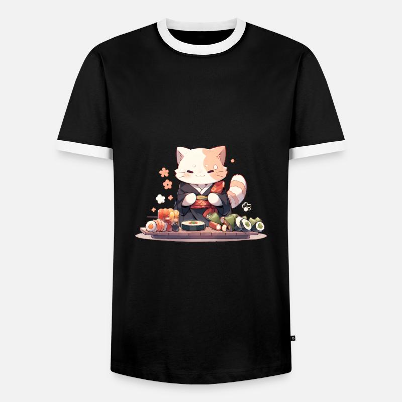 Samurai Cat eat Sushi - Männer Kontrast-T-Shirt - Schwarz/Weiß