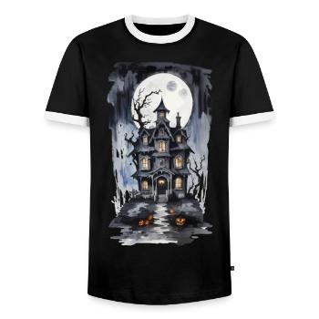 Halloween Full Moon Witch House Horror Design - Men's Ringer Shirt - black/white - Front - AI Model Female 172 light (172cm) & AI Model Male 178 light (178cm)