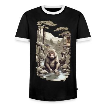 Japanese macaque ukiyo-e monkey in hot spring design - Men's Ringer Shirt - black/white - Front - AI Model Female 172 light (172cm) & AI Model Male 178 light (178cm)