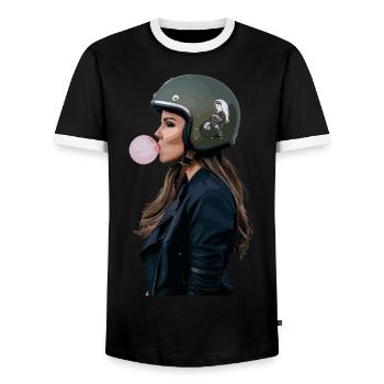Coole Motorradfahrerin Bikerin kaut Kaugummi - Männer Kontrast-T-Shirt - Schwarz/Weiß - Vorne - AI Model Female 172 light (172cm) & AI Model Male 178 light (178cm)