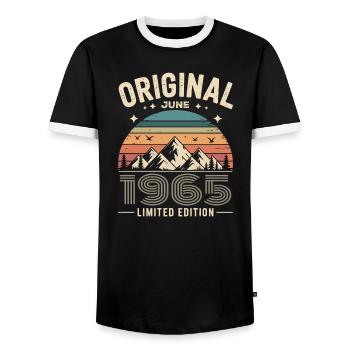 Juni 1965 – Legende der Gipfel und Berge - Männer Kontrast-T-Shirt - Schwarz/Weiß - Vorne - AI Model Female 172 light (172cm) & AI Model Male 178 light (178cm)