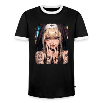 A beautiful tattooed nun with blond hair anime - Men's Ringer Shirt - black/white - Front - AI Model Female 172 light (172cm) & AI Model Male 178 light (178cm)
