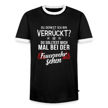 Feuerwehr T-Shirt · Feuerwehrmann · Ich verrückt? - Männer Kontrast-T-Shirt - Schwarz/Weiß - Vorne - AI Model Female 172 light (172cm) & AI Model Male 178 light (178cm)