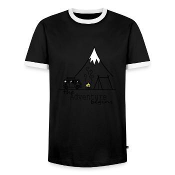 The Adventure begins - Men's Ringer Shirt - black/white - Front - AI Model Female 172 light (172cm) & AI Model Male 178 light (178cm)