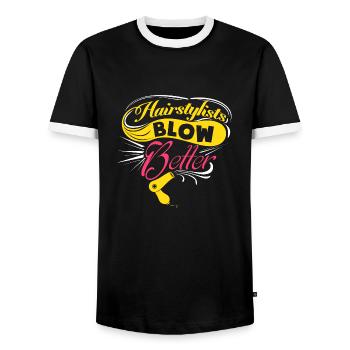 Sayings - Hairstylists blow better - Men's Ringer Shirt - black/white - Front - AI Model Female 172 light (172cm) & AI Model Male 178 light (178cm)
