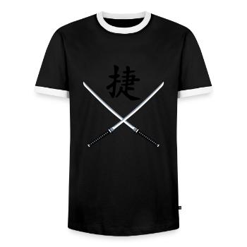 samurai_schwert_victory_3c - Männer Kontrast-T-Shirt - Schwarz/Weiß - Vorne - AI Model Female 172 light (172cm) & AI Model Male 178 light (178cm)