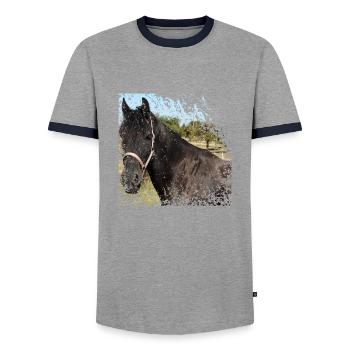 Qui ne veut pas monter sur ce cheval? - T-shirt contrasté Homme - gris/marine  - Devant - AI Model Female 172 light (172cm) & AI Model Male 178 light (178cm)