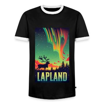 Reindeer and Northern Lights in Lapland Finland - Men's Ringer Shirt - black/white - Front - AI Model Female 172 light (172cm) & AI Model Male 178 light (178cm)
