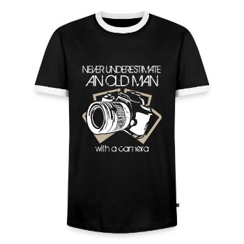 Never Underestimate An Old Man with a Camera - Men's Ringer Shirt - black/white - Front - AI Model Female 172 light (172cm) & AI Model Male 178 light (178cm)