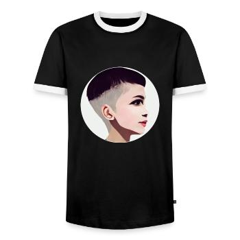 Young Woman With Fade Hairstyle Undercut Haircut - Men's Ringer Shirt - black/white - Front - AI Model Female 172 light (172cm) & AI Model Male 178 light (178cm)
