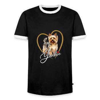 Yorkshire Terrier Puppy Yorkie in Heart Frame - Men's Ringer Shirt - black/white - Front - AI Model Female 172 light (172cm) & AI Model Male 178 light (178cm)