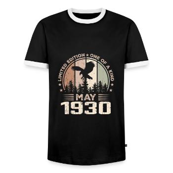 Incomparable depuis mai 1930, 94e Anniversaire - T-shirt contrasté Homme - noir/blanc - Devant - AI Model Female 172 light (172cm) & AI Model Male 178 light (178cm)
