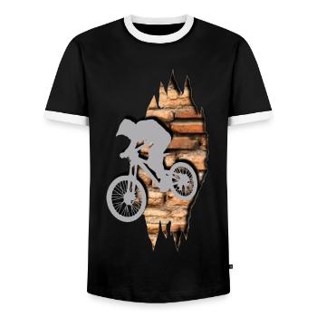 Fahrrad aus Mauer / BMX Fahrrad Radfahren Biker - Männer Kontrast-T-Shirt - Schwarz/Weiß - Vorne - AI Model Female 172 light (172cm) & AI Model Male 178 light (178cm)