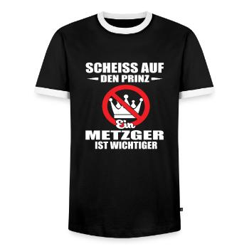 METZGER -Scheiss auf den Prinz - Männer Kontrast-T-Shirt - Schwarz/Weiß - Vorne - AI Model Female 172 light (172cm) & AI Model Male 178 light (178cm)