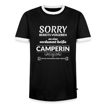 Vergeben an verdammt heiße Camperin - Männer Kontrast-T-Shirt - Schwarz/Weiß - Vorne - AI Model Female 172 light (172cm) & AI Model Male 178 light (178cm)
