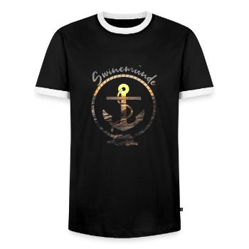 SWINEMÜNDE | ANKER UND MEER - Männer Kontrast-T-Shirt - Schwarz/Weiß - Vorne - AI Model Female 172 light (172cm) & AI Model Male 178 light (178cm)