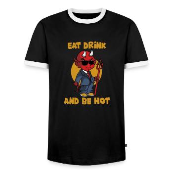 Eat drink and be hot - devil - Satan - Lucifer - Men's Ringer Shirt - black/white - Front - AI Model Female 172 light (172cm) & AI Model Male 178 light (178cm)
