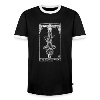 Tarot card The Hanged Man - The Hanged Gift - Men's Ringer Shirt - black/white - Front - AI Model Female 172 light (172cm) & AI Model Male 178 light (178cm)