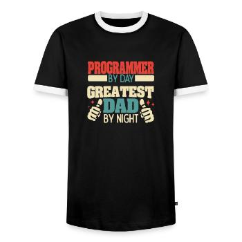 Programmer by day, greatest dad by night - Men's Ringer Shirt - black/white - Front - AI Model Female 172 light (172cm) & AI Model Male 178 light (178cm)