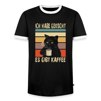 Katze mit Kaffee- Ich habe gekocht. Es Gibt Kaffee - Männer Kontrast-T-Shirt - Schwarz/Weiß - Vorne - AI Model Female 172 light (172cm) & AI Model Male 178 light (178cm)